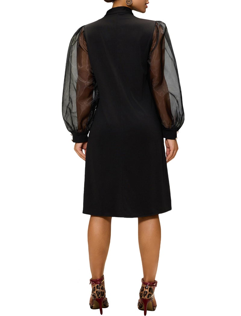 Ekaliy Women's Puff Sleeves A-Line Dress V Neck Bow Loose Flowy Cocktail Party Dress with Pockets Black 3XL - Image 4