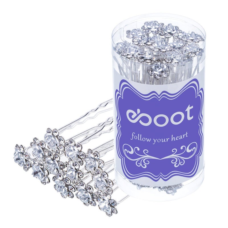 eBoot eBoot 40 Pack Crystal Hair Pins Rose Flower Rhinestone Hair Clips for Bridal Wedding Women Hair Jewelry Accessories with Storage Bag White 