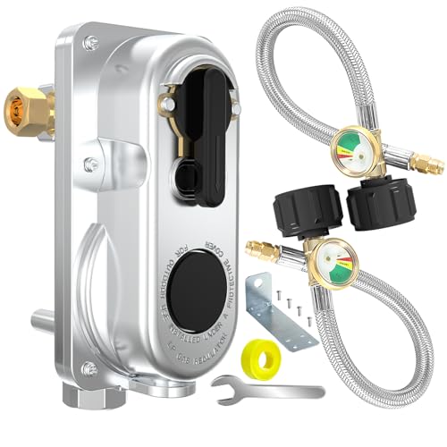 GardenNow 2-Stage Automatic Changeover LP Propane Gas Regulator with Two 15" RV Pigtail Propane Hoses with Gauge, QCC1 x 1/4" Inverted Male Flare, Propane LP Gas Regulator for RV Camper Trailer - Image 1