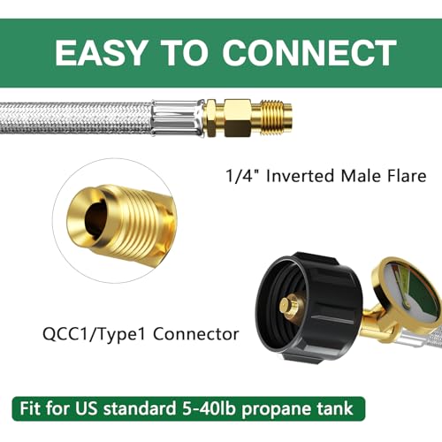 GardenNow 2-Stage Automatic Changeover LP Propane Gas Regulator with Two 15" RV Pigtail Propane Hoses with Gauge, QCC1 x 1/4" Inverted Male Flare, Propane LP Gas Regulator for RV Camper Trailer - Image 3
