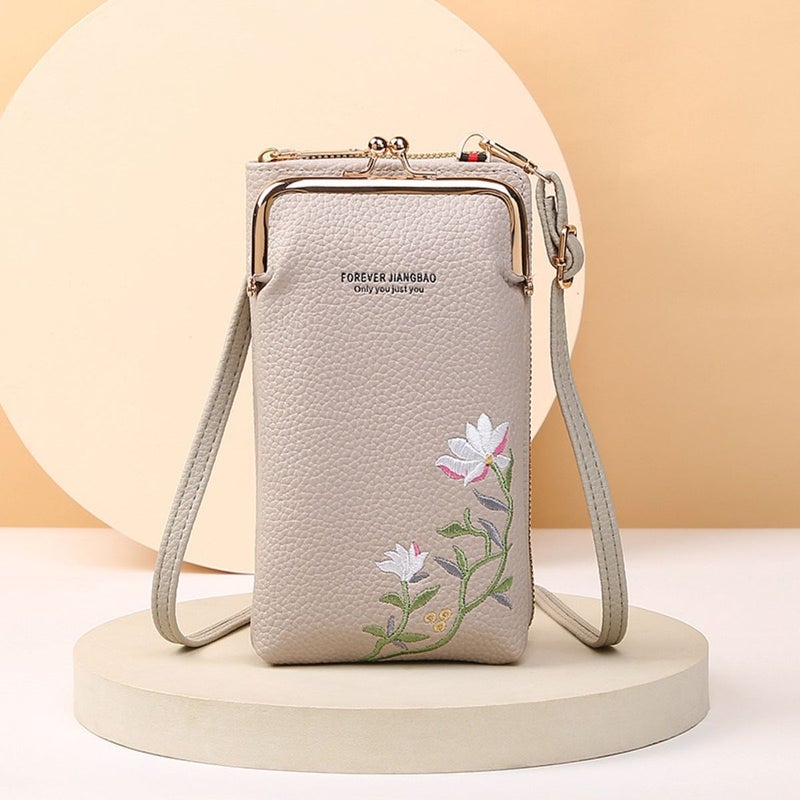 Chinese Painting Lotus Embroidery Clip Bag Fresh Fashion Ladies Slung Shoulder Mobile Phone Bag Litchi Pattern Vertical Coin Purse - Image 1