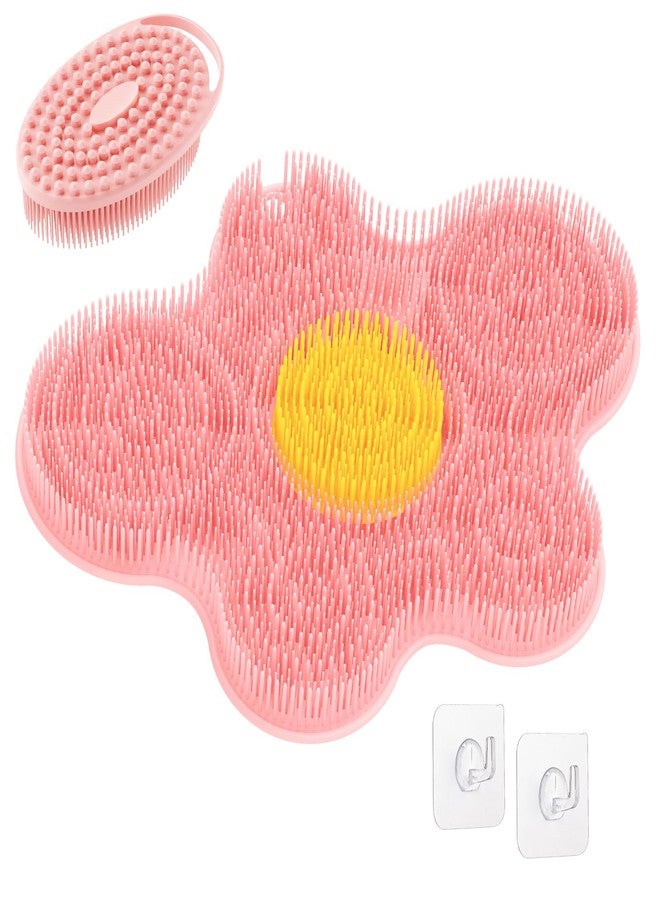 GEENOA Upgrade Silicone Shower Foot Scrubber Mat & Silicone Bath Brush Set, Large Wall-Mounted Back Scrubber Back Washer to Clean, Exfoliate and Massage Without Bending(Pink+Soft Brush) - Image 1