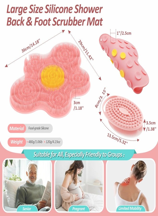 GEENOA Upgrade Silicone Shower Foot Scrubber Mat & Silicone Bath Brush Set, Large Wall-Mounted Back Scrubber Back Washer to Clean, Exfoliate and Massage Without Bending(Pink+Soft Brush) - Image 2