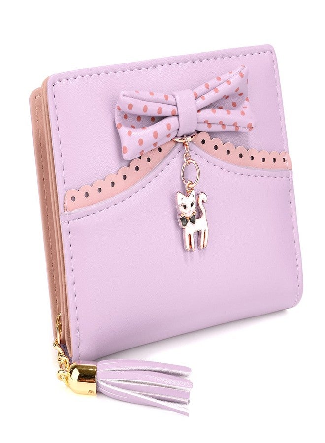 يو تي أوه محفظة UTO للبنات، مصنوعة من جلد البولي يوريثان، مزينة بقلادة على شكل قطة، مزودة بشرابة وسحاب، وحامل بطاقات، ومنظم، ومحفظة نقود صغيرة لطيفة للنساء، لون بنفسجي فاتح. - Image 1