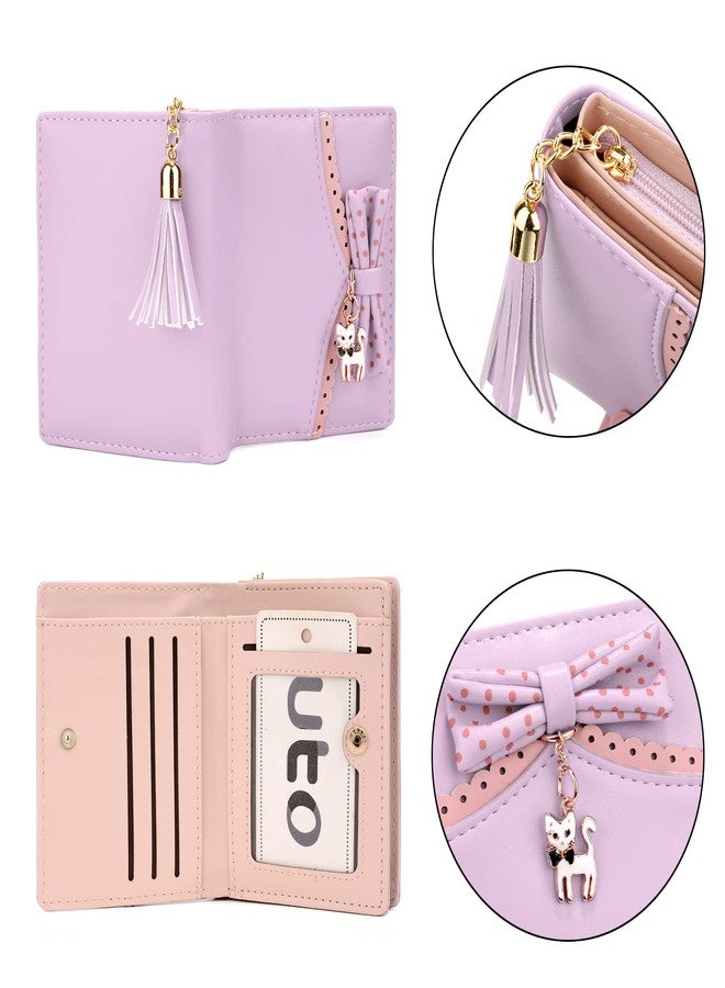 يو تي أوه محفظة UTO للبنات، مصنوعة من جلد البولي يوريثان، مزينة بقلادة على شكل قطة، مزودة بشرابة وسحاب، وحامل بطاقات، ومنظم، ومحفظة نقود صغيرة لطيفة للنساء، لون بنفسجي فاتح. - Image 4