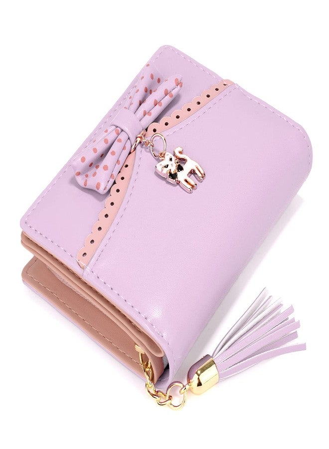 يو تي أوه محفظة UTO للبنات، مصنوعة من جلد البولي يوريثان، مزينة بقلادة على شكل قطة، مزودة بشرابة وسحاب، وحامل بطاقات، ومنظم، ومحفظة نقود صغيرة لطيفة للنساء، لون بنفسجي فاتح. - Image 3