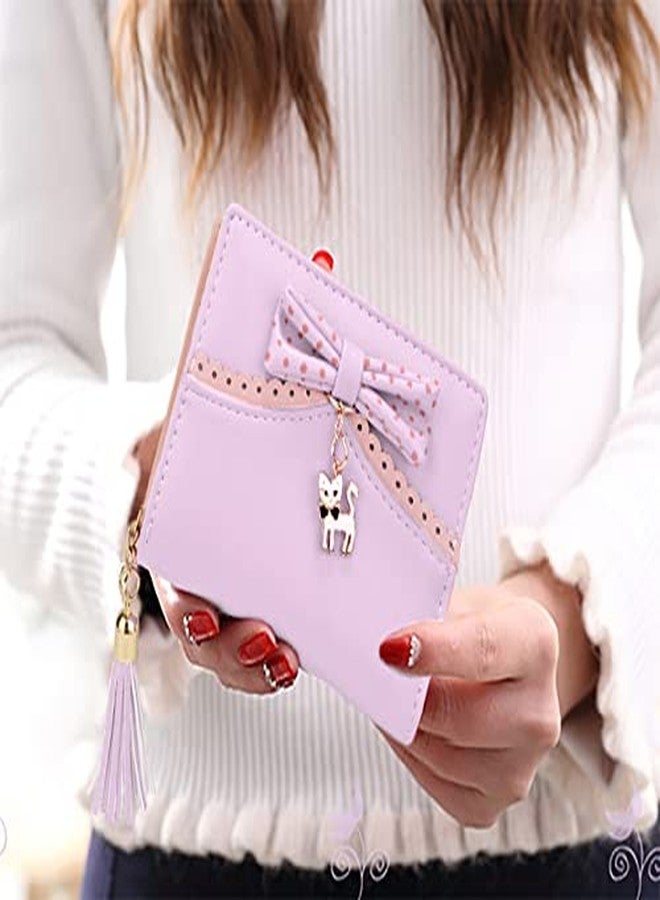 يو تي أوه محفظة UTO للبنات، مصنوعة من جلد البولي يوريثان، مزينة بقلادة على شكل قطة، مزودة بشرابة وسحاب، وحامل بطاقات، ومنظم، ومحفظة نقود صغيرة لطيفة للنساء، لون بنفسجي فاتح. - Image 2