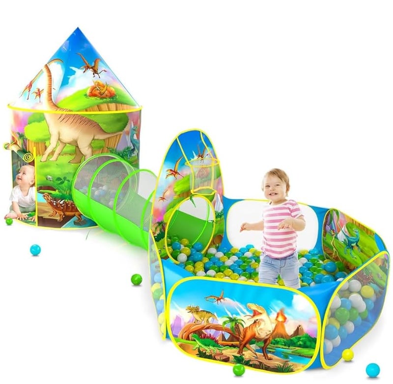 PigPigPen 3PC Dinosaur Play Tents for Boys Kids Play Tent with Ball Pit Crawl Tunnel Castle Tent for Toddlers Baby Dinosaur World Playhouse Toys - Image 1