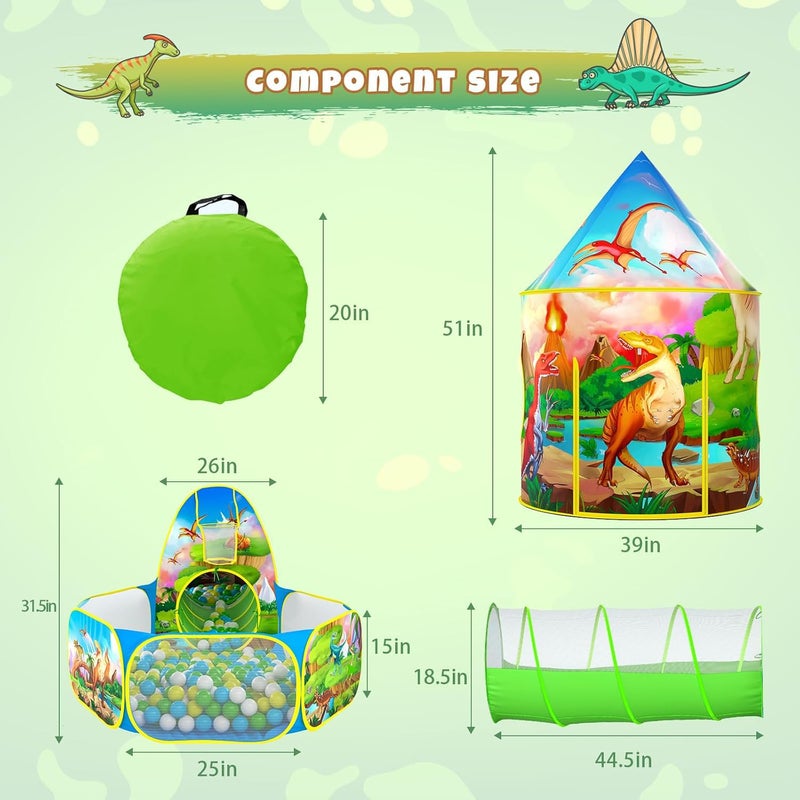PigPigPen 3PC Dinosaur Play Tents for Boys Kids Play Tent with Ball Pit Crawl Tunnel Castle Tent for Toddlers Baby Dinosaur World Playhouse Toys - Image 5