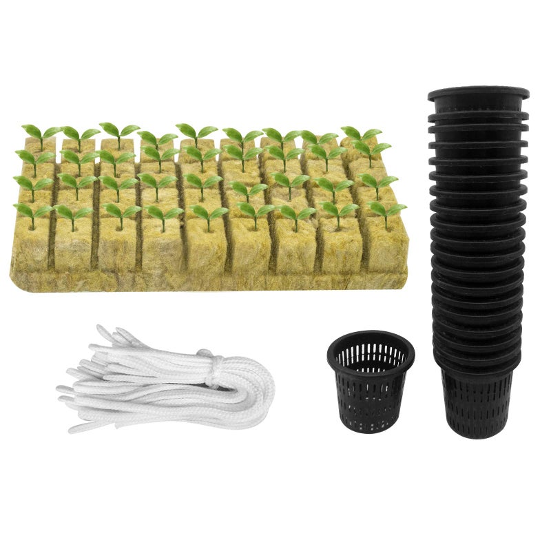 Iceyyyy 76Pcs Hydroponics Mesh Net Cup Kit - 20 Packs 2 Inches Slotted Mesh Net Pot Cups, 36Packs 1.5x1.5x1.5Inch Stonewool Starter Plugs, 20 Article Self Watering Cotton Wick Cord for Hydroponics - Image 1