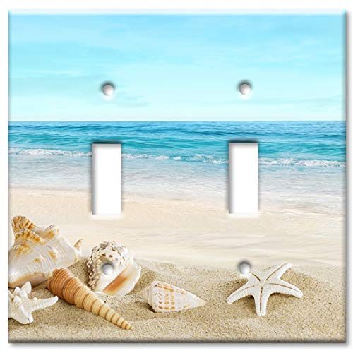 Art Plates - 2 Gang Toggle Metal Decorative Metal Wall Plate - Two Gang Toggle Switch Plate Cover - Seashells on the Beach (Made in the USA) - Image 1