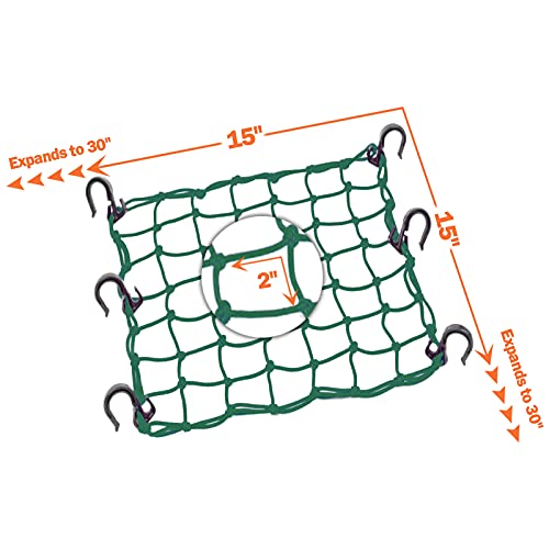 Zuozee ZUOZE Small Cargo Net 15"x15" Stretches to 30"x30" with Thicken Hooks | Natural Latex Core, Tight 2”x2” Mesh Heavy Duty Bungee Net for Motorcycle Helmet, Bike, ATV, UTV, Luggage (Army Green, 1 Pack) - Image 2