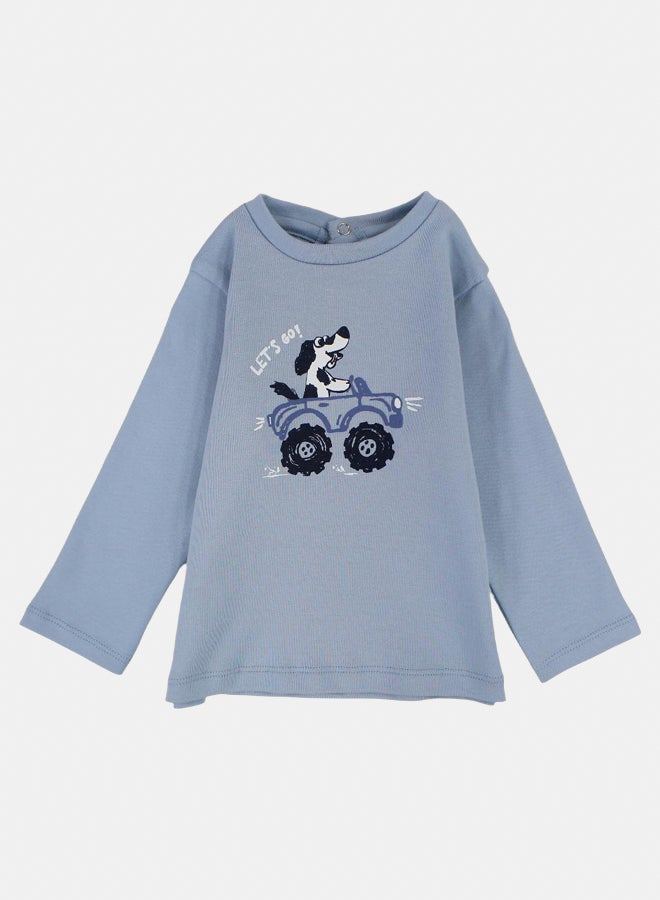 بمبيلو تيشيرت قطني للاولاد الصغار الصغار – أزرق فاتح مع طباعة كلب يقود سيارة - Image 1