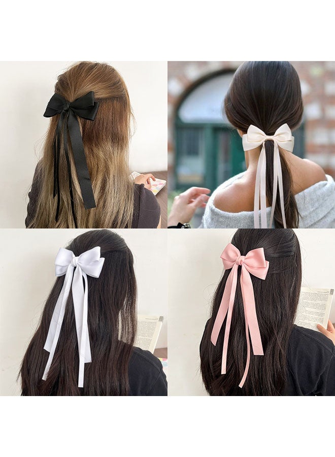 4 قطع حريري الساتان الشعر القوس كليب ، الشعر الشريط القوس مع ذيل شرابة طويل ، حامل ذيل الحصان الشعر المشاذيب مخلب الملحقات - Image 4