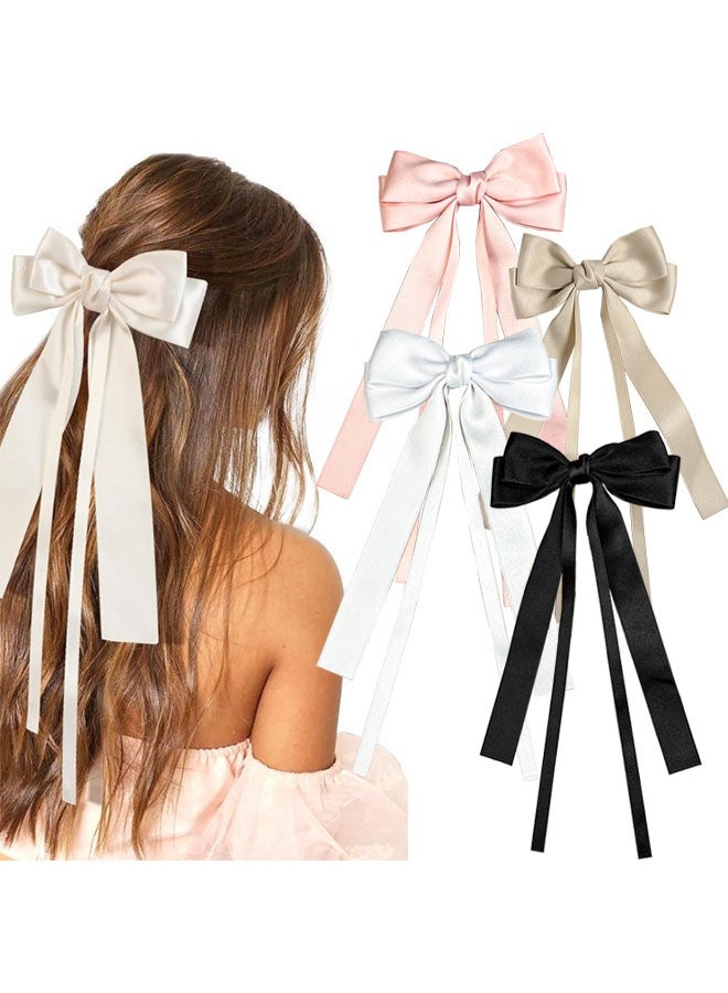 4 قطع حريري الساتان الشعر القوس كليب ، الشعر الشريط القوس مع ذيل شرابة طويل ، حامل ذيل الحصان الشعر المشاذيب مخلب الملحقات - Image 1