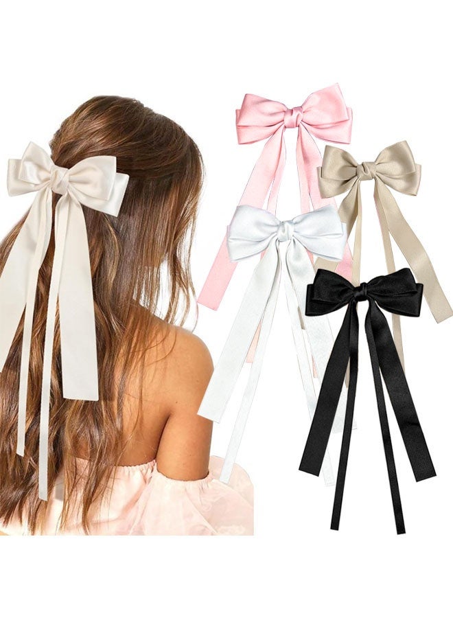 4PCS Silky Satin Hair Bow Clips , Hair Ribbon Bow With Long Tassel Tail, Ponytail Holder Hair Barrettes Claw Accessories - Image 1