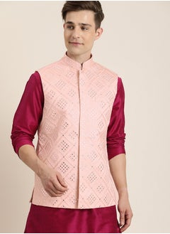 Men's Pink Poly viscose Jacket, Kurta and Pyjama Set