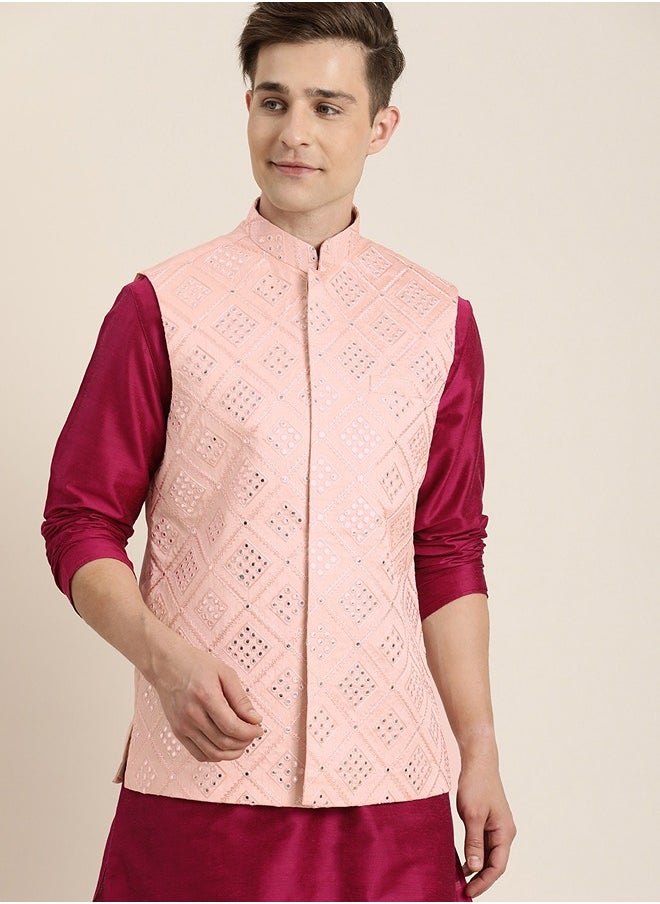 PRASHA - Men's Pink Poly viscose Jacket, Kurta and Pyjama Set - Image 1