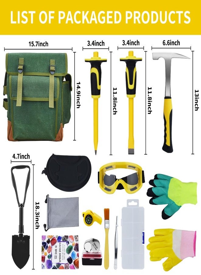 YTYLSJ 16-Piece Geological Rock Hammer Kit, Portable 32-ounce Hammer and Chisel Backpack Set, Suitable for Rock Hunting, Gold Mining, a Geological Gift for Children and Adults. (yellow) - Image 2