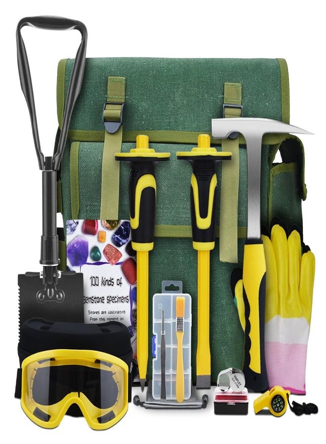 YTYLSJ 16-Piece Geological Rock Hammer Kit, Portable 32-ounce Hammer and Chisel Backpack Set, Suitable for Rock Hunting, Gold Mining, a Geological Gift for Children and Adults. (yellow) - Image 1