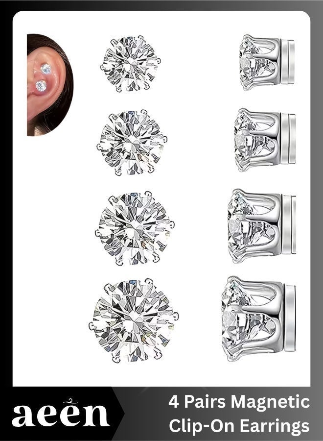 aeen 4 Pairs Magnetic Clip-On Earrings | Non-Piercing CZ Studs in 304 Stainless Steel for Men & Women - Image 1