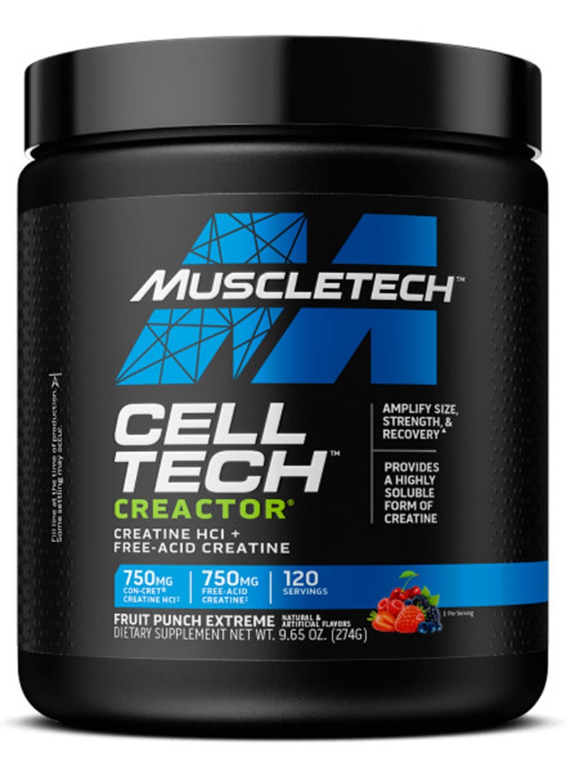 MuscleTech Cell Tech Creactor Creatine HCl + Free-Acid Creatine - 750mg Creatine HCl - 750mg Free-Acid Creatine - 120 Servings - Fruit Punch Extreme Flavor - Dietary Supplement - Net Wt 9.65 oz (274g) - Image 1