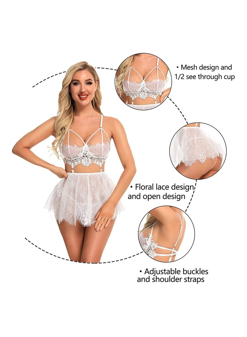 KASTWAVE Lingerie for Women Lace Babydoll Chemise Sexy Mesh High Waisted Nightdress Strappy Sleepwear Set for Wedding Night Sleepwear Nightwear, Exotic Sleepwear (White, M) - Image 3