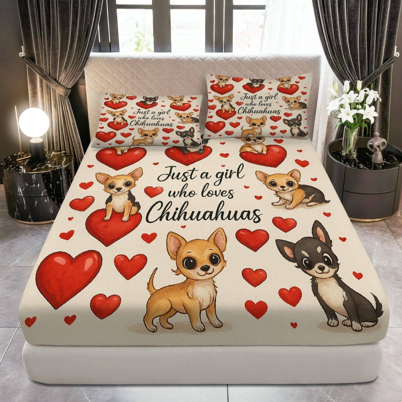 طقم ملاءات سرير مقاس 3 قطع مع تصميم كلاب تشيواوا وقلوب الحب بألوان مختلطة، مقاس 47.24 × 78.74 بوصة، هدية عيد الحب لعشاق الكلاب، واقي مرتبة ناعم وقابل للتنفس مع أغطية وسائد، ديكور جذاب بنقوش الحيوانات الأليفة - Image 1