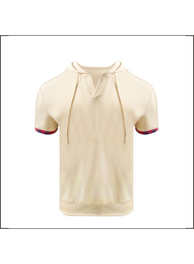 Summer Men's Waffle Hooded Drawstring Contrast Cuff Casual Oversized Short Sleeve T-shirt