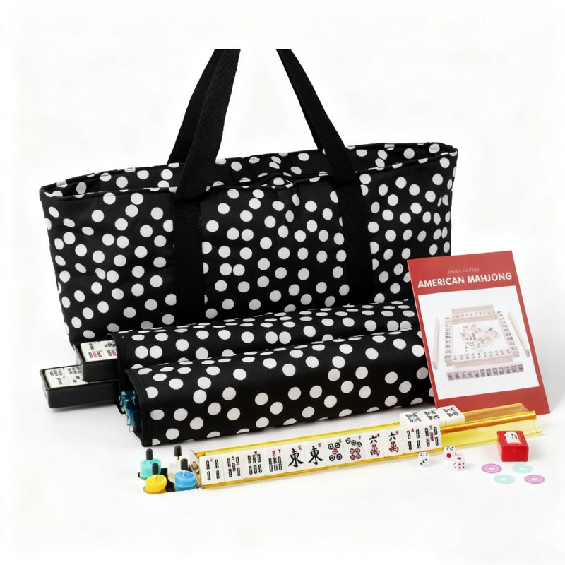 IFNOW American Mahjong Game Set Portable Bag 166 Premium Tiles with 4 AllinOne Rack100 Chips Wind Indicator English Manual Easy Carry Full Size Complete Mahjong Set Polka Dot Bag Mahjong Set - Image 3