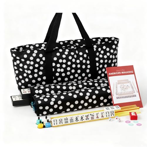 IFNOW American Mahjong Game Set Portable Bag 166 Premium Tiles with 4 AllinOne Rack100 Chips Wind Indicator English Manual Easy Carry Full Size Complete Mahjong Set Polka Dot Bag Mahjong Set - Image 1