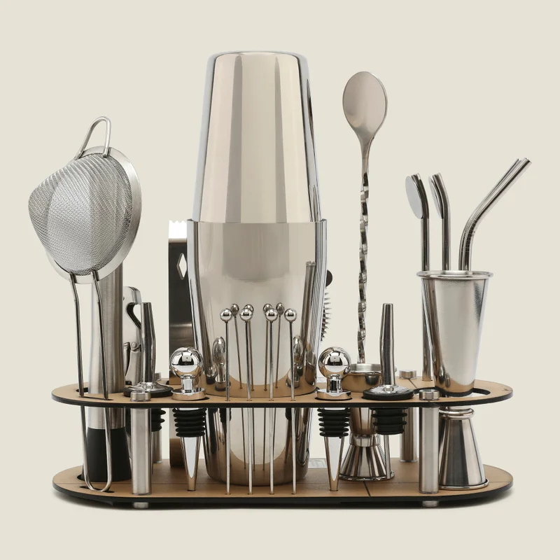 Simply Kitchen BELMONT STAINLESS STEEL COCKTAIL SHAKER SET WITH STAND