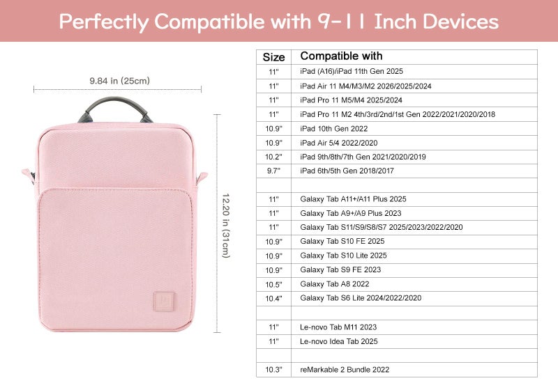 Dadanism 9-11 Inch Tablet Sleeve Bag Carrying Case with Shoulder Strap for iPad (A16) 11", iPad 10th Gen 10.9", iPad Air M4/Pro M5 11", iPad 9/8/7th 10.2", Galaxy Tab A11+ Plus 11", Pink - Image 3