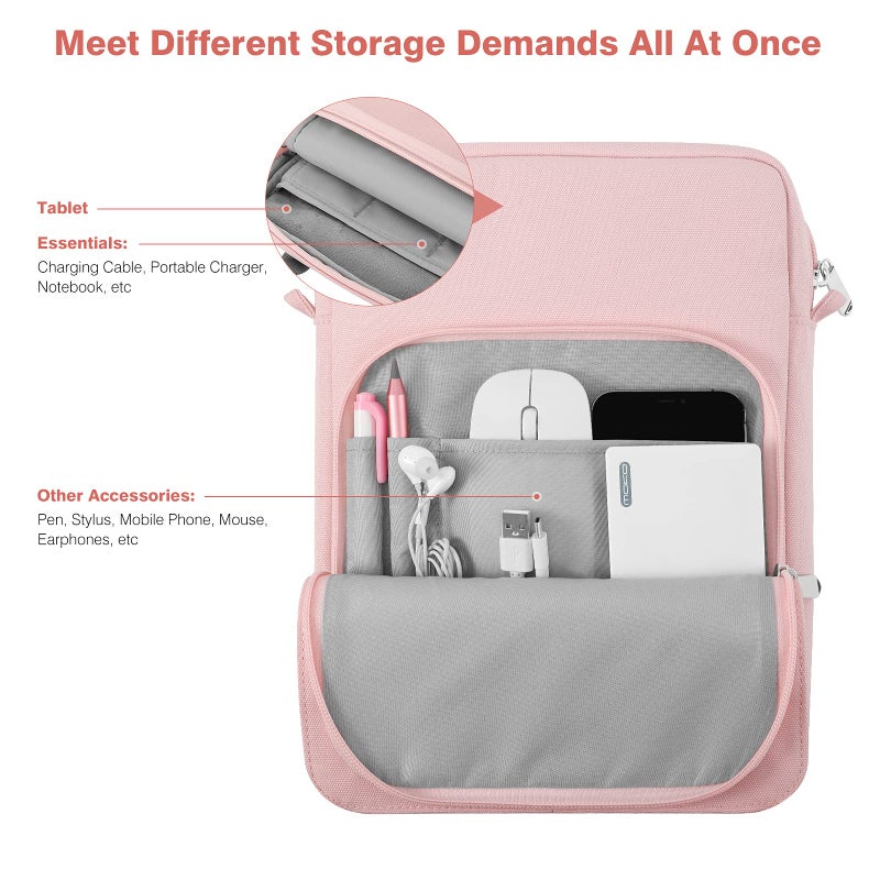 Dadanism 9-11 Inch Tablet Sleeve Bag Carrying Case with Shoulder Strap for iPad (A16) 11", iPad 10th Gen 10.9", iPad Air M4/Pro M5 11", iPad 9/8/7th 10.2", Galaxy Tab A11+ Plus 11", Pink - Image 4