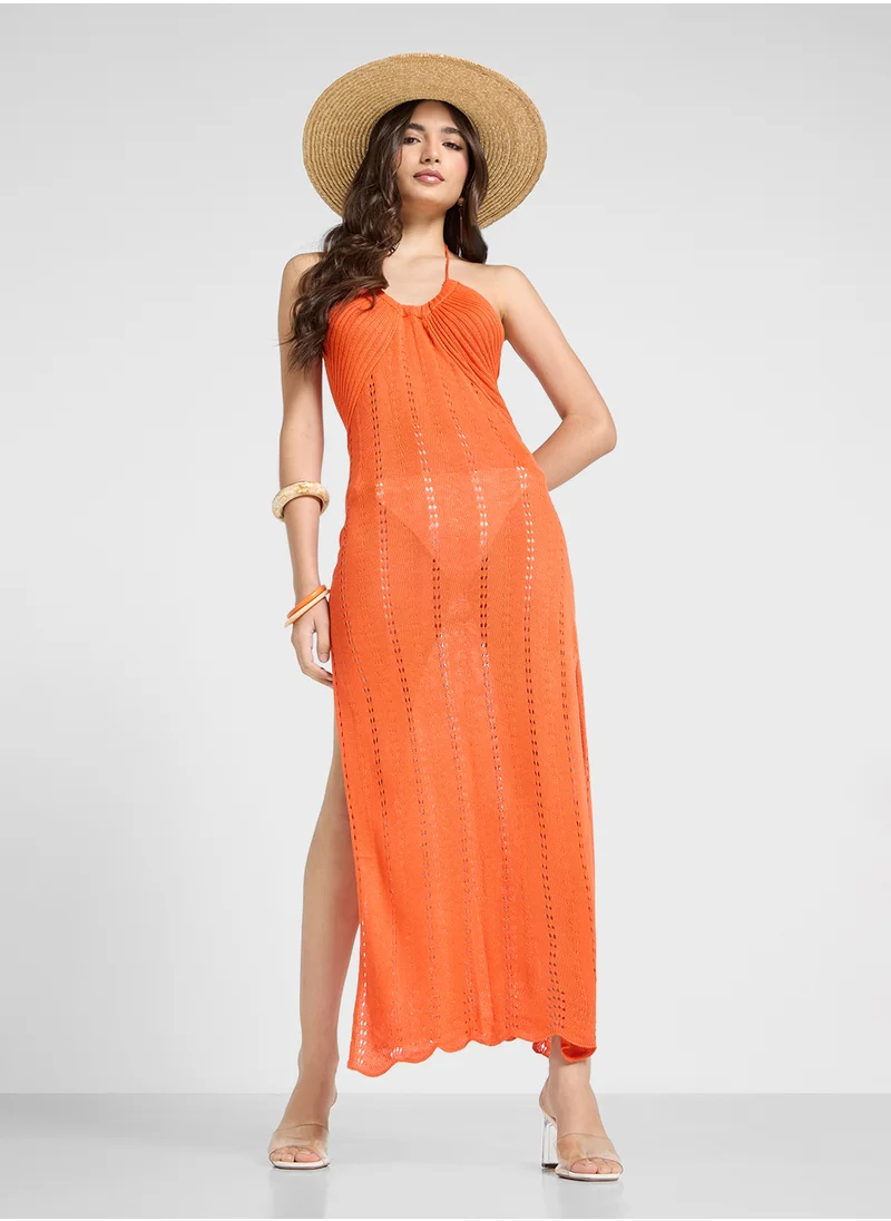 جينجر Openwork Halter Neck Beach Dress