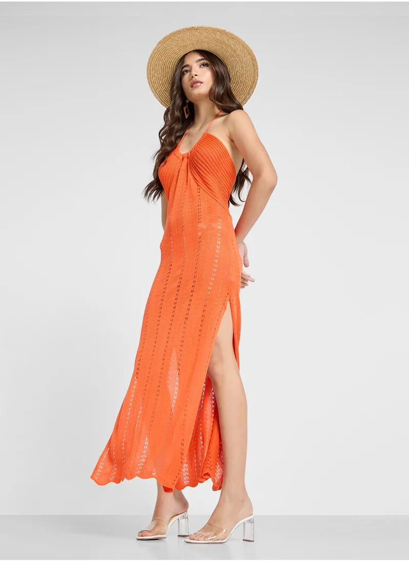 Ginger Openwork Halter Neck Beach Dress