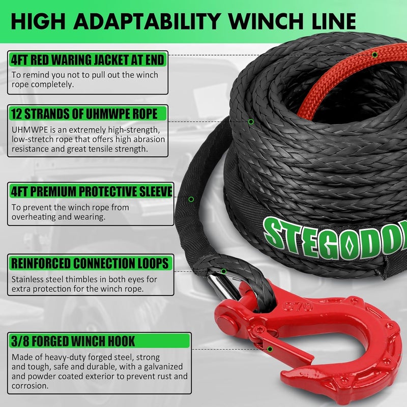 STEGODON Synthetic Winch Rope, 3/8'' x 85ft 25,000LBS Synthetic Winch Line 3/8 Winch Cable Replacement Synthetic Rope with Forged Winch Hook for 4WD Off Road Vehicle SUV Truck(Black) - Image 3