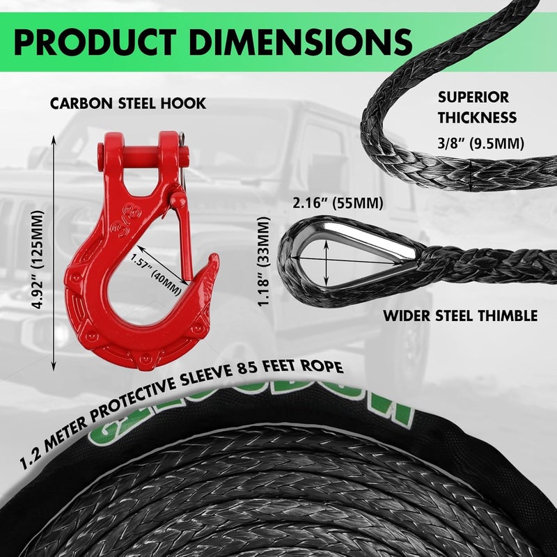 STEGODON Synthetic Winch Rope, 3/8'' x 85ft 25,000LBS Synthetic Winch Line 3/8 Winch Cable Replacement Synthetic Rope with Forged Winch Hook for 4WD Off Road Vehicle SUV Truck(Black) - Image 2