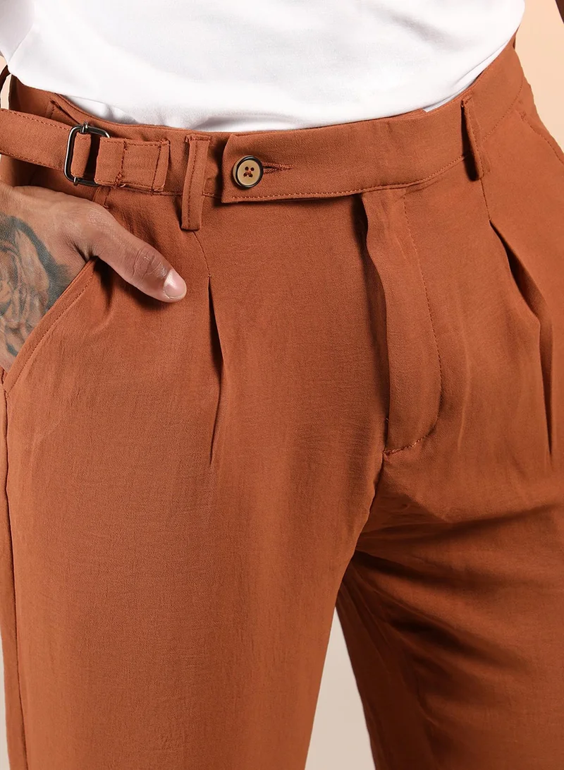 كامبوس سوترا Men's Sienna Brown Cuffed Pleated Trousers
