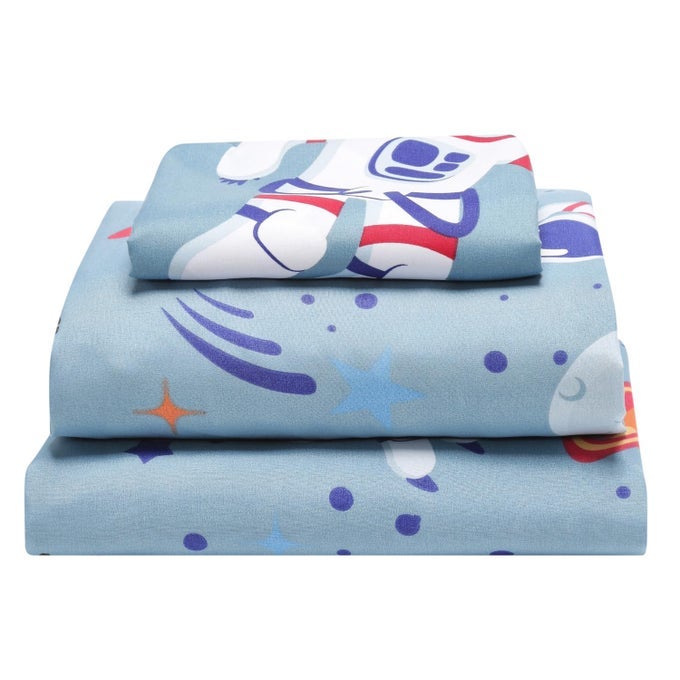 BLAST OFF IN OUTER SPACE TWIN SIZE BED SHEET SET FOR KIDS WITH GALAXY DESIGN OF ROCKETS AND UFOS BOYS 3PIECE TWIN SIZE SHEETS SET INCLUDES FLAT SHEET FITTED SHEET AND PILLOWCASE