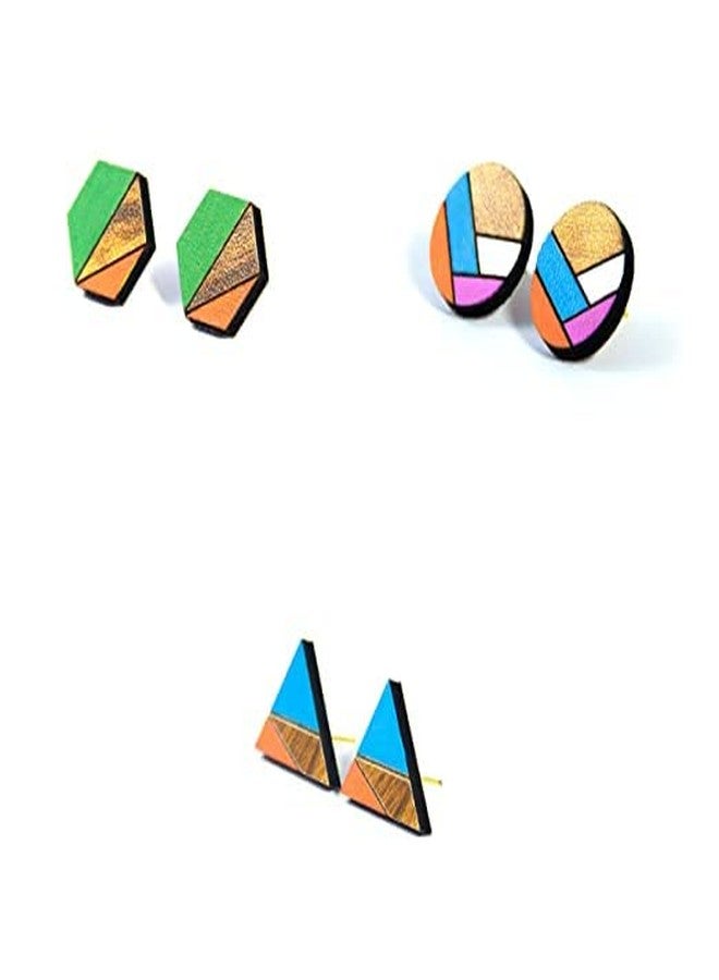 ORENAME Wooden Stud Earrings 3 Pair Set Handmade Wooden Earrings with Ear Backs for Women and Girls Different Shapes and Colors(Pack of 3 -Style-4,5,6) - Image 1