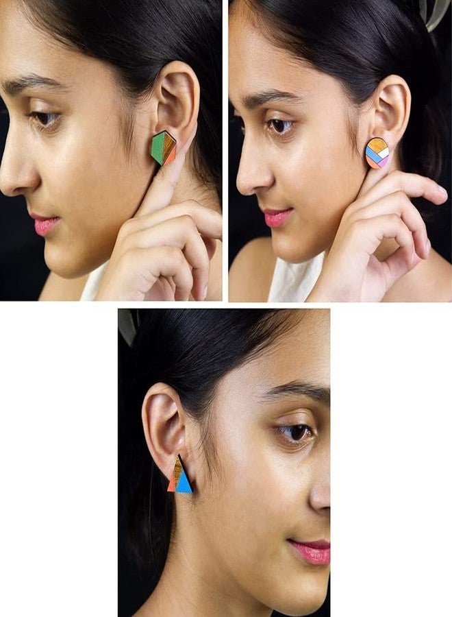 ORENAME Wooden Stud Earrings 3 Pair Set Handmade Wooden Earrings with Ear Backs for Women and Girls Different Shapes and Colors(Pack of 3 -Style-4,5,6) - Image 2