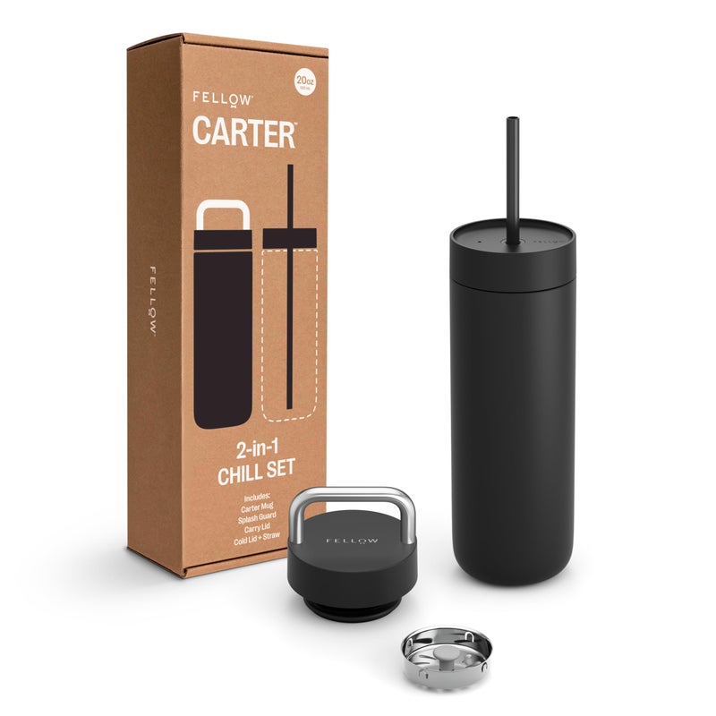 Fellow 20 oz Carter Water Bottle with 2 Lids  LeakProof Lid with Metal Handle  Cold Lid with Straw  Ceramic Interior  VacuumInsulated Stainless Steel  Matte Black