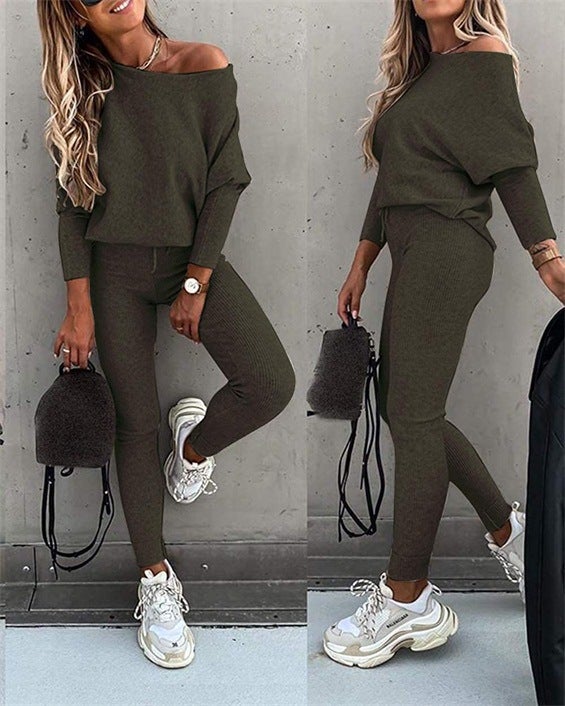 Spot 2022 European and American foreign trade solid color fashion casual lace slant shoulder sports pants long suit women Deep army green 