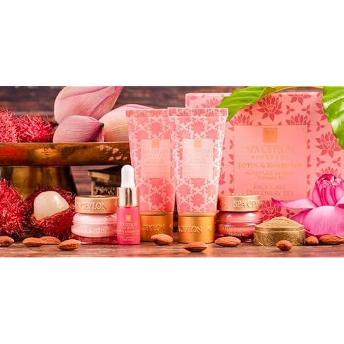spa ceylon مجموعة اكتشاف العناية بالوجه من سبا سيلون لوتس ورامبوتان، سيروم وجه بحجم السفر، منظف، قناع، كريم نهاري وليل، وواقي، للبشرة الحساسة، عضوي - Image 3