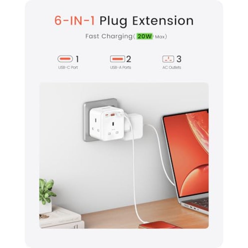 Multi Plug Extension, 3 Way 3 Plugs Socket adapter PDandQC 3.0 20W 6-in-1 Cube Electrical Extender Outlet Adaptor, USB Wall Charger Plug Expander for Home, Office, Kitchen, 13A 3250W - Image 2