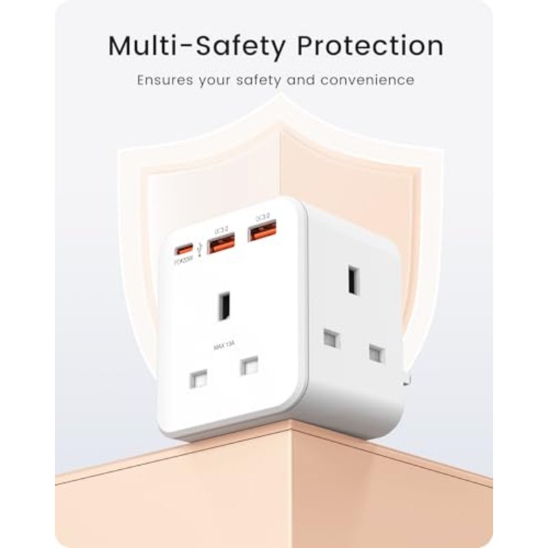 Multi Plug Extension, 3 Way 3 Plugs Socket adapter PDandQC 3.0 20W 6-in-1 Cube Electrical Extender Outlet Adaptor, USB Wall Charger Plug Expander for Home, Office, Kitchen, 13A 3250W - Image 5