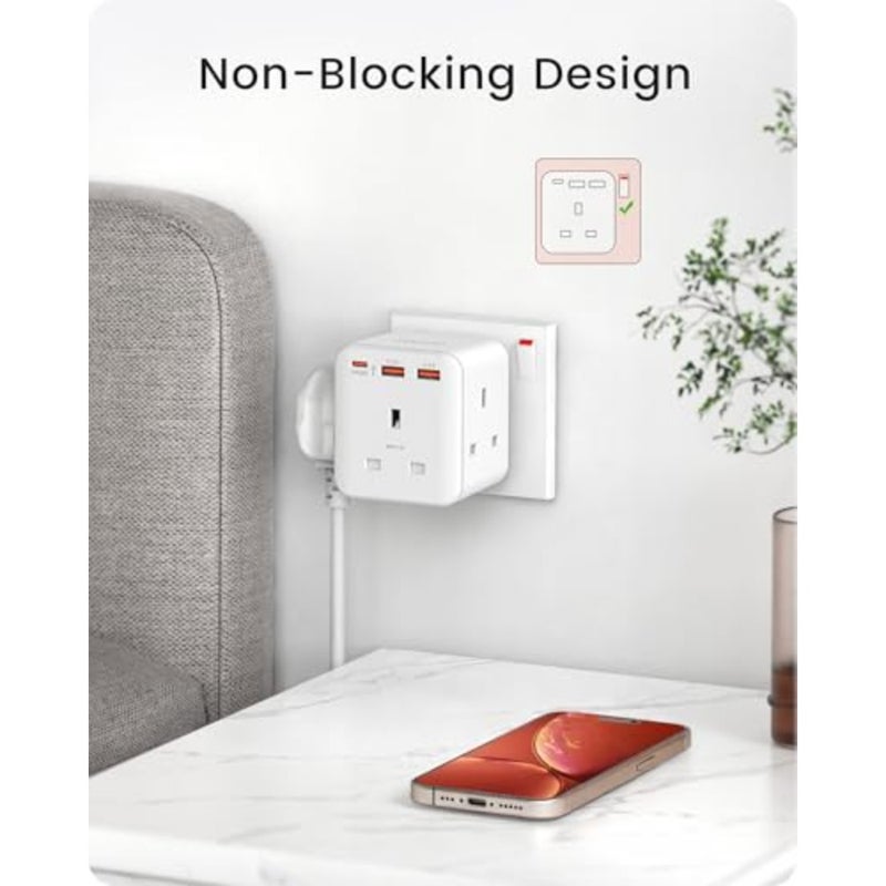 Multi Plug Extension, 3 Way 3 Plugs Socket adapter PDandQC 3.0 20W 6-in-1 Cube Electrical Extender Outlet Adaptor, USB Wall Charger Plug Expander for Home, Office, Kitchen, 13A 3250W - Image 4