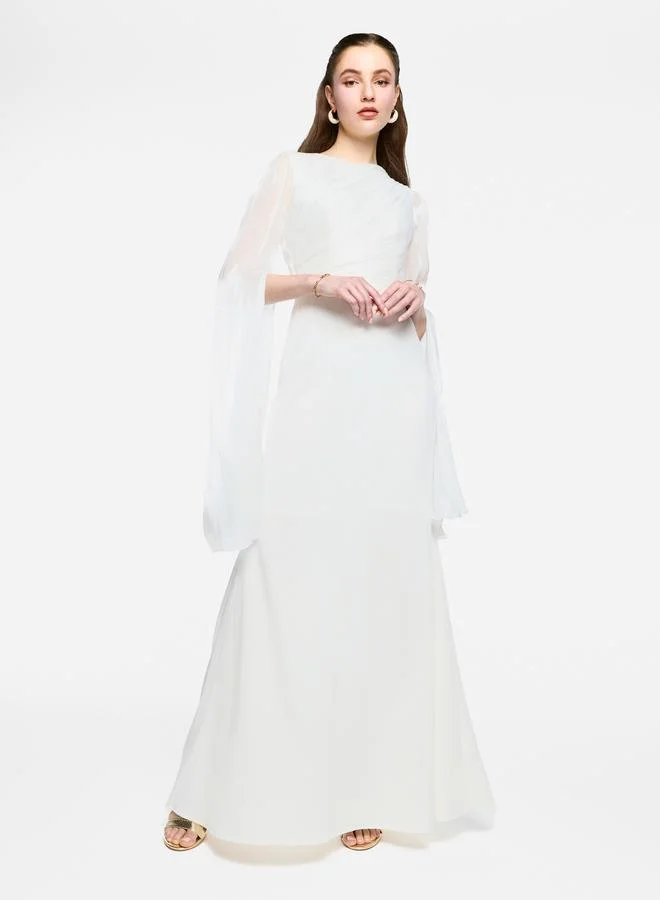 House of Moda House of Moda Sheer Cape Sleeve Pleated Detail Maxi Dress