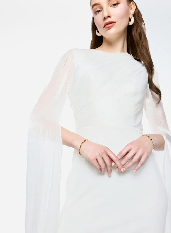 House of Moda House of Moda Sheer Cape Sleeve Pleated Detail Maxi Dress